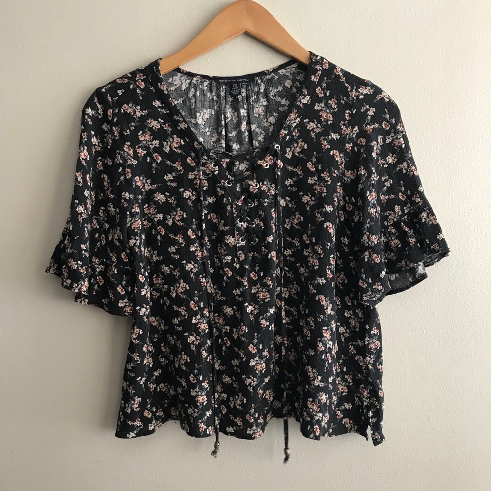 AEO Floral Lace Up Top